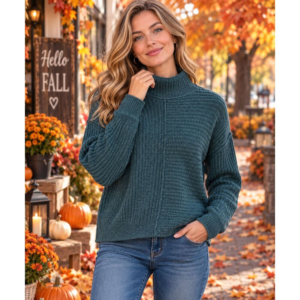 Sonoma Women’s Small Teal High Neck Ribbed Knit Sweater Cotton Blend Fall #22